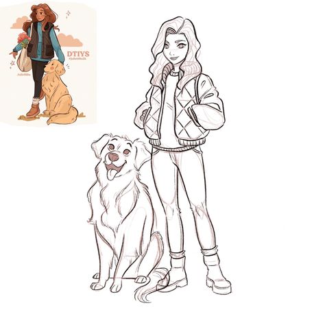 Human And Pet Poses Drawing, Person With Dog Poses Drawing, Playing With Dog Reference, Cartoon Dog Drawing Character Design, Person And Dog Drawing, Woman And Dog Drawing, Person Walking Dog Reference, Holding Dog Pose Drawing, Playing With Dog Drawing