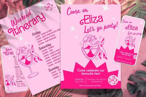 New Barbie bachelorette party invitation and weekend schedule! 🩷🤍 #barbiebride #barbiebachelorette #bacheloretteparty #bachelorettepartyideas #bride #weddinginspiration #wedding #stationery #template #barbie Hens Games, Hen Games, Weekend Schedule, Barbie Bachelorette, Bachelorette Weekend Itinerary, Themed Bachelorette, Bachelorette Invitation, Barbie Bride, Weekend Itinerary