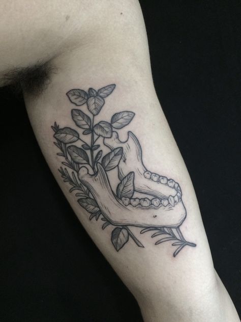 Basil, rosemary and jaw for my friend Lucas. - Vinicius Wang Tattoos Rosemary Tattoo, Tattoo Cross, Rat Tattoo, Ufo Tattoo, Bone Tattoos, Scary Tattoos, Plant Tattoo, Gothic Tattoo, Incredible Tattoos