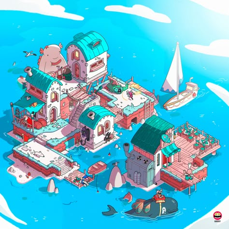 ArtStation - ISOMETRIC ART - Coastal Village Isometric Village Illustration, Island Illustration Design, Isometric Video Game, Isometric Art Illustration, Isometric Illustration Design, Isometric Village, Isometric Restaurant, Isometric Game Art, Isometric Town