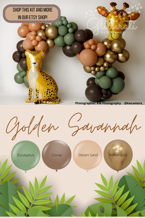 Embark on a majestic safari adventure with our Golden Savannah balloon garland kit. This kit showcases the rich and earthy tones of cocoa, desert sand, eucalyptus, and reflex gold, evoking the untamed beauty of the African savannah. #DIYBalloonGarland #SafariBabyShower #WildOne1stBday #SafariAnimalsParty #JungleBirthday #FirstBirthday #GiraffeBalloon #CheetahBalloon #BohoSafariShower #BohoJungleAnimals #SafariBalloonArch #BabyShowerBackdrop Safari Theme Color Palette, Animal Balloon Garland, Safari Balloon Garland, Safari Balloon, Baby Shower Jungle, Boho Safari, First Bday, Homecoming Week, African Savannah