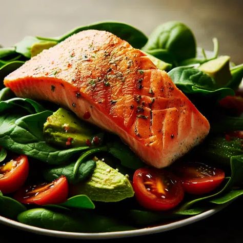 Dive into a sea of flavors with this easy, breezy, and cheesy salad! Spinach Salad Keto, Keto Salad Dressing, Salad Keto, Greek Vinaigrette, Keto Salmon, Salmon Spinach, Primal Kitchen, Fresh Spinach, Cooking Salmon