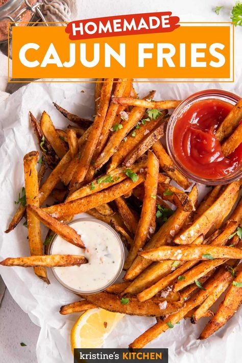 Cajun Sweet Potato Fries, Cajun French Fries, Spicy French Fries Recipes, Homemade Cajun Fries, Cajun Fries Seasoning, Spicy French Fries, Cajun Fries Recipe, French Fry Recipe Baked, Oven Baked Fries