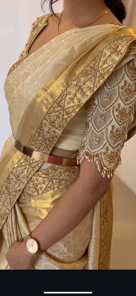 White Silk Saree Bridal, Fancy Saree Blouse Designs Latest, Golden Saree Blouse Designs, White Silk Saree, Fancy Saree Blouse, Golden Blouse Designs, Designer Blouse Ideas, Net Saree Blouse, Silk Saree Bridal