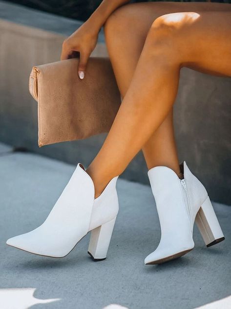 Large Size Women Casual Pointed Toe Side Zipper White Chunky Heel Ankle Boots Shoe Solutions, Chunky Heel Ankle Boots, White Booties, Women Skin, Wardrobe Outfits, Rounded Toe Boots, White Boots, Heeled Ankle Boots, High Heel Boots