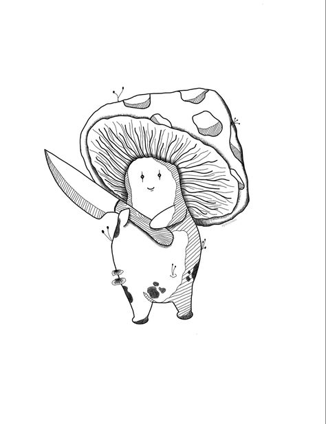 Mushroom holding a knife Mushroom Men Tattoo, High Mushroom Drawing, Mushrooms Tattoo Design, Small Mushroom Tattoo, Cute Mushroom Drawing, Tattoo Mushroom, Mushrooms Drawing, Procreate Inspiration, Knitting Tattoo