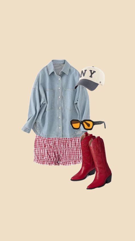 🌟 Saddle up for style! Get ready to rock the rodeo with this trendy ensemble. Pairing gingham red scrunchie shorts with the classic jean top creates a chic yet playful vibe. Complete the look with bold red cowboy boots, sleek sunglasses, and a stylish baseball cap. Perfect for strutting your stuff at a country concert! 🤠🎶 #CountryChic #RodeoReady #FashionInspo #zachbryan Outfits With Red Cowboy Boots, Western Boot Outfit, Red Cowboy Boots Outfit, Red Scrunchie, Red Cowboy Boots, Country Concert Outfit, Country Concert, Red Boots, Classic Jeans