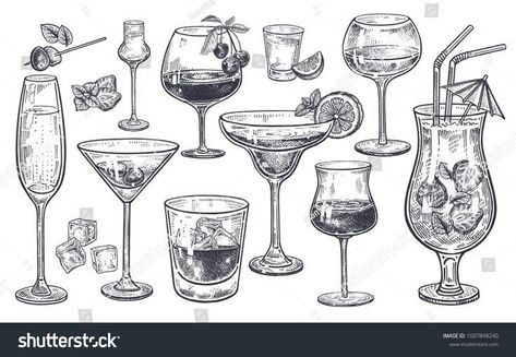 Champagne Margarita, Cocktail Illustration, Alcoholic Cocktails, Glass Of Champagne, Cocktail Art, Drawing Vector, Retro Glasses, Cocktail Menu, Desenho Tattoo