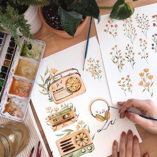 Rosa F (@rosies.sketchbook) • Instagram photos and videos Headphones Vintage, Retro Illustrations, Wildflower Art, Gouache Art, Shop Art Prints, Sketchbook Art Journal, Art Diary, Flower Doodles, Watercolor Sketch