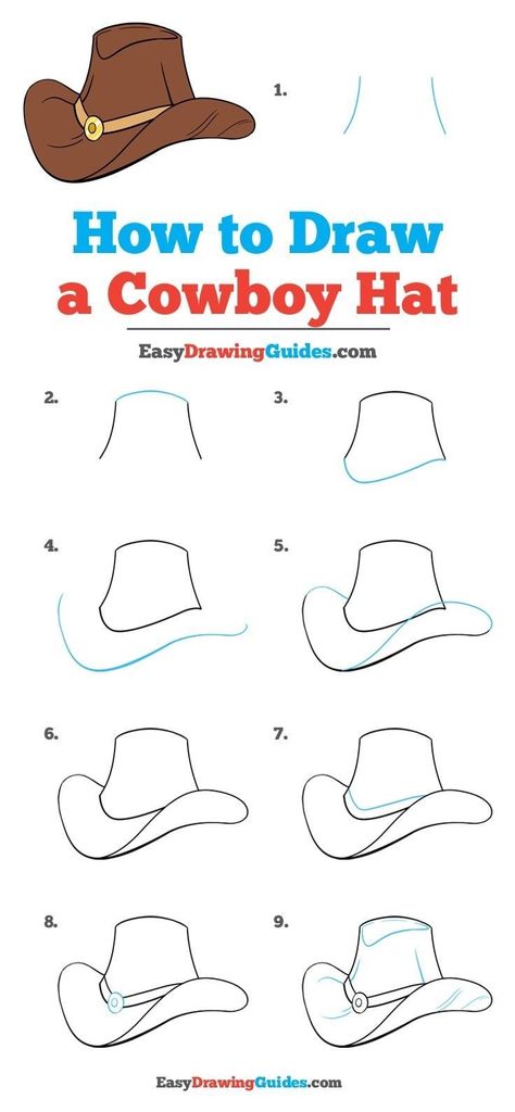 Draw A Cowboy Hat, Cowboy Hat Drawing, Cowboy Draw, Step By Step Sketches, Hat Drawing, Sketch Note, Drawing Tutorials For Kids, Hat Tutorial, Trendy Hat