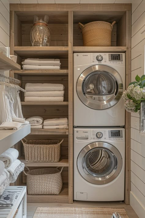 Scandinavian Utility Room, Open Storage Laundry Room, Laundry Room Ideas Baskets, Laundry Room With Linen Closet, Ranch Laundry Room Ideas, Small Laundry Room Aesthetic, Laundry Room Scandinavian Style, Scandinavian Laundry Room Ideas, Storage And Laundry Room Ideas