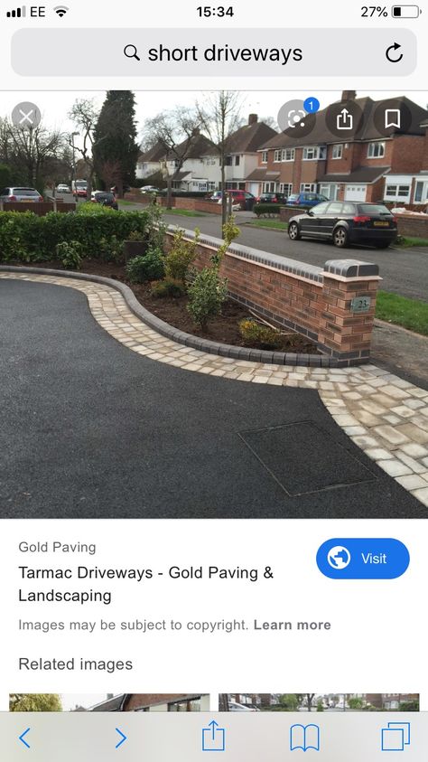 Sweeping Driveway Ideas, Tarmac Drive With Brick Edging, Driveway Brick Edging, Contemporary Front Garden Design, Front Garden Parking Ideas, Tarmac Driveway Ideas Curb Appeal, Semi Detached Driveway Ideas, Front Garden With Driveway, Brick Wall Driveway