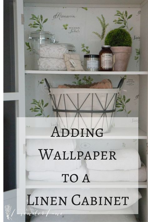 Adding Wallpaper to the Linen Cabinet Wallpaper In Linen Closet, Small Hallway Linen Closet Ideas, Wallpapered Linen Closet, Linen Closet With Wallpaper, Wallpaper Linen Closet, Linen Closet Wallpaper Ideas, Linen Cupboard Ideas, Linen Closet Wallpaper, Linen Cabinet Ideas