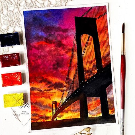 Saira | Watercolor on Instagram: “Dramatic sunset view and silhouette bridge Continuing with the sunset series, i came across this reference pic in Pinterest, and i just…” Amazing Art Drawings, Painting With Acrylic Colours, Dramatic Sunset, Canvas Art Painting Acrylic, Bridge Painting, Sky Art Painting, Acrylic Colours, Simple Canvas Paintings, Sunset View