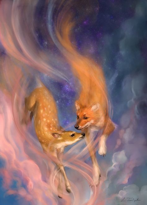 Fox Deer 8x10 Print Fantasy Art Digital Painting Doe Wild Dog ... Fox And Deer, Art Fox, Creation Myth, Animal Spirit Guides, Wild Dog, Animal Love, Fox Spirit, African Art Paintings, Deer Art