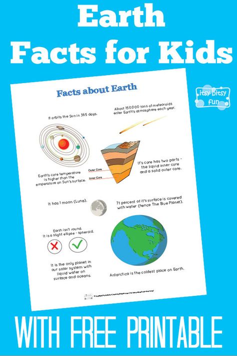 Fun Earth Facts for Kids With Free Printables Earth Facts For Kids, Earth For Kids, Earth Facts, Solar System Facts, Solar System Unit, Facts About Earth, Solar System For Kids, Free Printables For Kids, Earth Projects