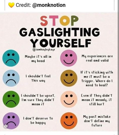 Gaslighting yourself Gaslighting Yourself, Stop Gaslighting, Practicing Self Love, Mental Health Facts, Mental Health Therapy, Writing Therapy, Mental Health And Wellbeing, Emotional Awareness, Positive Self Affirmations