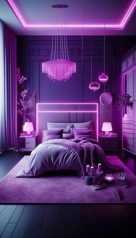 Transform your bedroom into a futuristic sanctuary with stunning purple LED lighting! This modern neon aesthetic combines luxurious design, moody ambiance, and soft textures to create the ultimate relaxing vibe. Perfect for anyone looking for bedroom decor inspiration or modern aesthetic room. Save this pin for your next bedroom makeover and follow for more trendy home decor ideas! Purple Led Bedroom, Vaporwave Aesthetic Bedroom, Led Bedroom Aesthetic, Neon Room Aesthetic, Purple Room Ideas, Purple Aesthetic Bedroom, Purple Bedroom Aesthetic, Couples Bedroom Decor Ideas, Modern Aesthetic Room