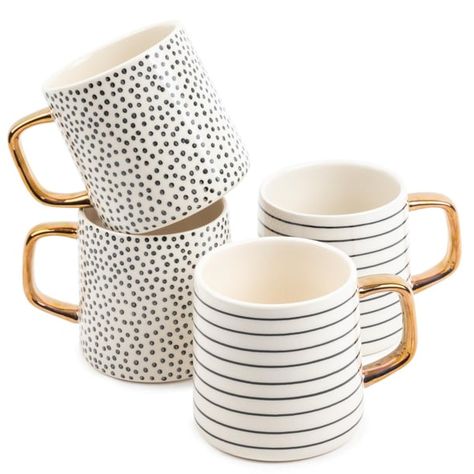 Thyme & Table Drinkware Dot & Stripe Black & White Assorted Stoneware Mugs, 4 Pack Black Dinnerware, White Mugs, Walmart Finds, Snack Bowls, Stoneware Mugs, Kitchen Items, Kitchen Stuff, Dinnerware Set, Kitchen Essentials