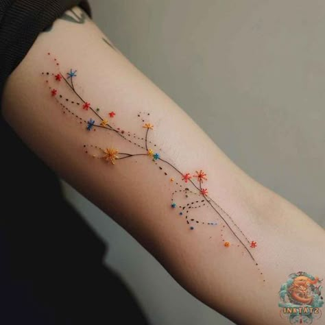 A constellation of colorful stars connected by delicate dotted lines makes for a whimsical, airy tattoo design. Perfect for anyone seeking playful yet elegant tattoo ideas, female art lovers can find more at inktat2.com. Stitches Tattoo, Elegant Tattoo Ideas, Whimsical Tattoos, Balloon Tattoo, Stitch Tattoo, Dot Tattoos, Constellation Tattoo, Tattoos For Women Flowers, Tattoo Photography