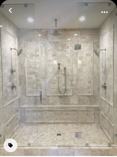 Flex Stone Showers, French Country Shower Tile, Porcelain Tile Bathroom Shower Walls, Luxury Showers Master Baths, Stone Shower Ideas, Drømme Bad, Beautiful Master Bathrooms, Master Baths, Frameless Door