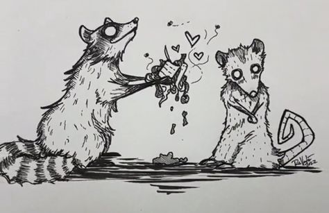 Made by @darkartsbyracine on TikTok Raccoon And Possum, Raccoon And Opossum, Opossum Tattoo, Kissing Hand, Raccoon Tattoo, Minimalist Tattoos, Trash Panda, Find Love, Aesthetically Pleasing