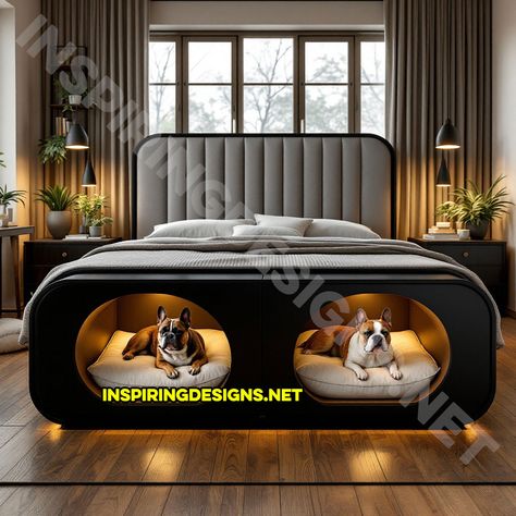 These Bed Frames With Built-in Dog Bed Pods Are a Game-Changer for Pet Owners – Inspiring Designs Bed With Dog Bed, Built In Dog Bed, Dog Pod, Pod Bed, Sleeping Together, Smart Bed, Art Deco Interiors, Deco Interiors, Bedroom Games