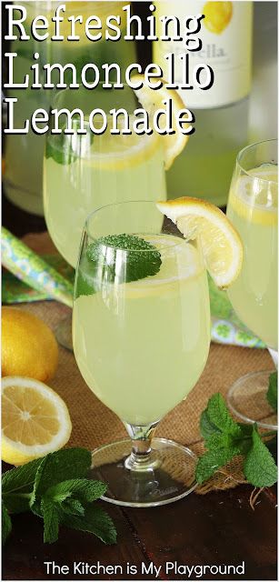 Limoncello Lemonade ~ Refreshingly delicious & super easy to make! With its combination of Limoncello, fresh lemon juice, & a hint of mint, it's one very tasty drink for poolside, front porch sitting, Sunday brunch, or even a summer bridal shower. www.thekitchenismyplayground.com Limoncello Lemonade, Front Porch Sitting, Limoncello Drinks, The Kitchen Is My Playground, Cold Drinks Recipes, Limoncello Cocktails, Limoncello Recipe, Drink Recipies, Simply Lemonade