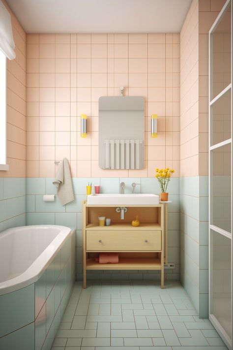 This cutr bathroom has light pastel mint and peach colored tiles that remind of the 50s. Integrated bathtub, sink with wooden cabineg, wall mounted lamps beside the mirror, and yellow flowers. Light Peach Bathroom, Bathroom Pastel Colors, Integrated Bathtub, Peach Tile Bathroom, Mint Green Bathrooms, Mint Bathroom, Pink Bathroom Tiles, Pastel Bathroom, Color Bathroom Design