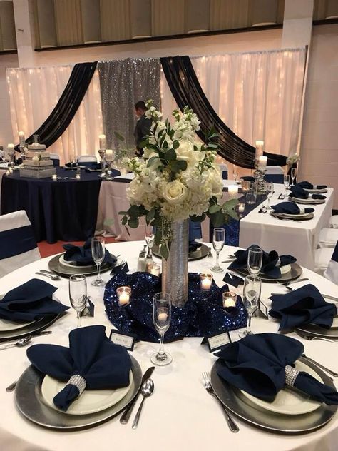 Navy Blue Quince Main Table, Quince Themes Black, Quincenera Dresses Navy Blue, Midnight Blue And Silver Quinceanera Theme, Star Themed Quinceanera Dresses, Quince Table Centerpieces Blue, Midnight Blue Decorations, Dark Blue And Silver Quinceanera Theme, Quince Decorations Navy Blue