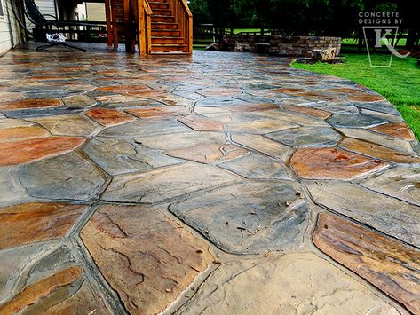 Flagstone Concrete Patio, Stamped Concrete Patio Stairs, Stamped Concrete Flagstone Look, Stamped Stained Concrete Patio, Random Stone Stamped Concrete, Stamped And Stained Concrete Patio, Stamped Concrete Interior Floors, Stained Concrete Floors Outdoors, Stained Concrete Patio