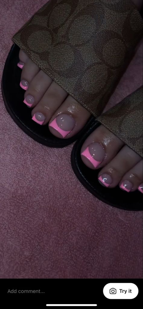 Cute French Pedicure, Pedicure Small Nails, Pink French Tip Nails Pedicure, Pink Acrylic Toes French Tip, Toes Ideas Pedicures, Acrylic Pedicure Ideas, Pink Tip Toe Nails, Pretty Toe Nails Pedicures, Feet Nail Ideas