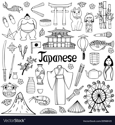 Japan Vector Illustration, Japanese Drawings Easy, Japan Journal Ideas, Japan Scrapbook Ideas, Japan Drawing Easy, Japan Doodle, Japanese Doodles, Cloud Tattoo Design, Japanese Culture Art