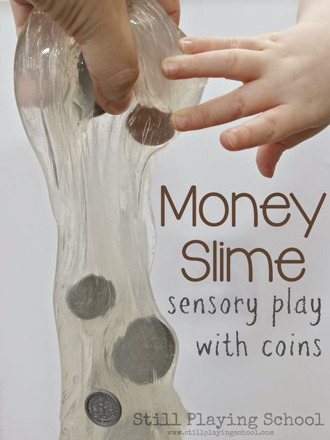 Money Slime for learning about coins on the light table from Still Playing School Slime Table, Money Kindergarten, Money Craft, Eyfs Maths, Learning Money, Teaching Money, Money Activities, Play Based Learning Activities, Money Math