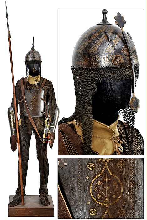 Indian armor, khula-khud (helmet), char-aina (chahar-aina, chahar a’ineh), literally the four mirrors, chest armor with four plates, dastanas/bazu band (vambrace/arm guards), zirah (mail shirt) and zirah pajama (mail trousers). Mirror Armor, Indian Armor, Types Of Armor, Battle Dress, Armor Clothing, Armor Plate, Historical Armor, Historical Artwork, Arm Armor