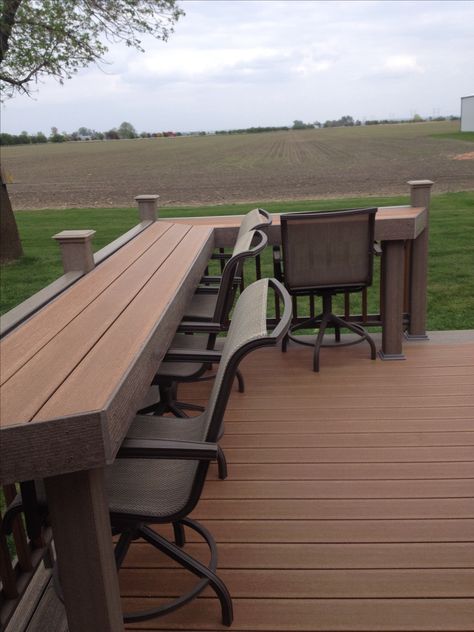 Our new composite deck and it has a bar built in. Platform Deck, Deck Bar, Porch Bar, Living Pool, Covered Porches, Wooden Deck, Composite Deck, Patio Deck Designs, Deck Designs Backyard