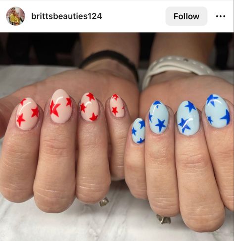 Natural Fourth Of July Nails, Light Blue And Red Nails, Fourth Nails, Luminary Nails Design, 4th Of July Nails Simple, Camping Nails, Honey Nails, Nails Patriotic, 4th Nails