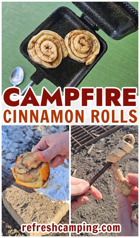 Campfire Cinnamon Rolls Campfire Cinnamon Rolls, Pie Iron Recipes, Make Cinnamon Rolls, Camping Food Make Ahead, Camping Food List, Campfire Desserts, Pie Iron, Camping Menu, Camping Dishes