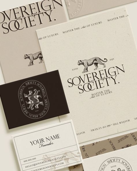 The identity of Sovereign Society is designed to offer fierce and luxurious elegance while remaining flexible and adaptable to any business. Its remarkable design, inspired by the nobility and power of big cats, can be customized to reflect the unique essence of each brand. Brand Identity Board, Brand Board Design, Branding Process, Luxury Branding Design, Elegant Branding, Vintage Book Covers, Elegant Cards, Motif Design, Graphic Design Print