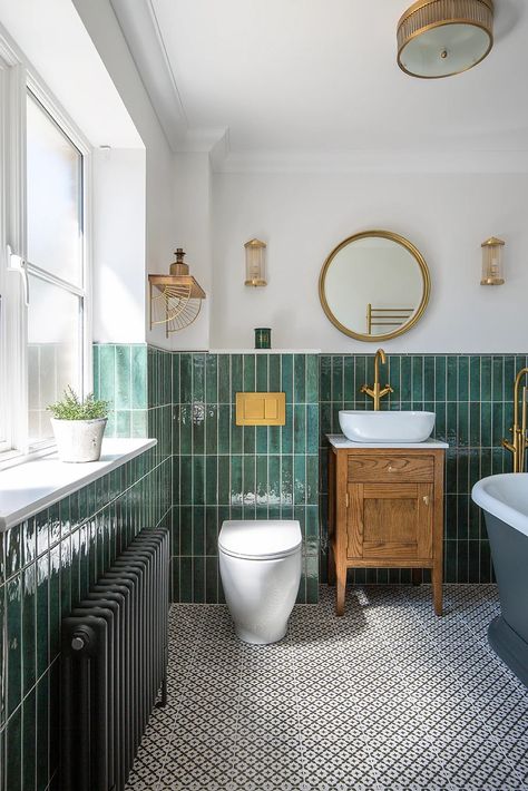 Pattern Tile Floor Bathroom, Green Metro Tiles, Green Bathroom Tiles, Bathroom London, Quorn Stone, 70s Bathroom, Tile Bathrooms, Monochrome Bathroom, Green Tile Bathroom