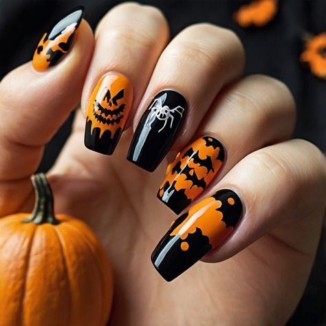 🌸 Black And Orange Nail Designs halloween nails desing Black And Orange Nail Designs, Easy Halloween Nails, Spider Webs Halloween, Nails For Beginners, Nail Designs Halloween, Orange Nail Designs, Orange Nail, Halloween Nails Easy, Glamorous Nails