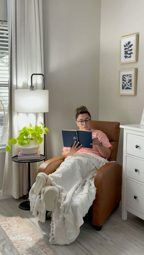 Reading Corner Recliner, Bedroom Chair Ideas Small Spaces Corner, Dresser In Corner Of Bedroom, Reading Corner In Bedroom, Bed In Corner Of Room Against Wall, Long Low Bookcase, Bedroom Corner Ideas, Corner Chair Bedroom, Bedroom Reading Corner