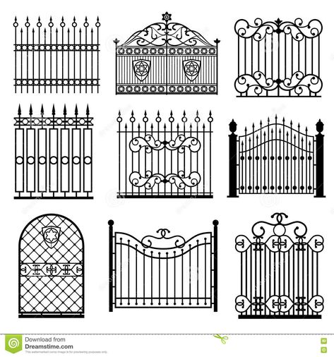 Decorative Black Silhouettes Of Fences With Gates Vector Set - Download From Over 61 Million High Quality Stock Photos, Images, Vectors. Sign up for FREE today. Image: 78720823 Wrought Iron Gate Designs, Lattice Structure, Gate Decoration, Black Fence, Sketch Note, Steel Gate Design, Iron Gate Design, Wrought Iron Gate, Metal Gates