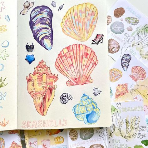 Ellamae’s Sketchbook on Instagram: "Day 15 - Shell 🐚 This is a repost from the summer but I loved this page 🐡 . . . . . . . . . #sketchbookartist #sketchbookspread #gouacheillustration #sketchbooking #peachtober22"