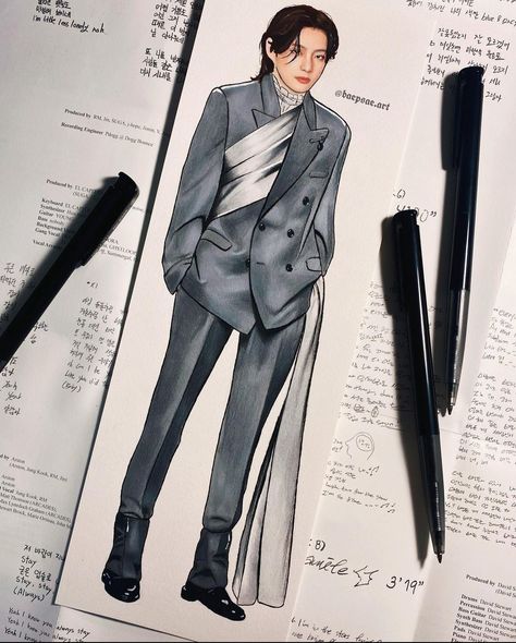 It's not made by me 🙂 Fashion Design Sketches Men, Jikook Art, Fashion Sketches Men, Fashion Illustration Face, Costume Design Sketch, Fashion Outfits Men, Fashion Illustration Tutorial, Fashion Illustration Collage, Fashion Drawing Sketches