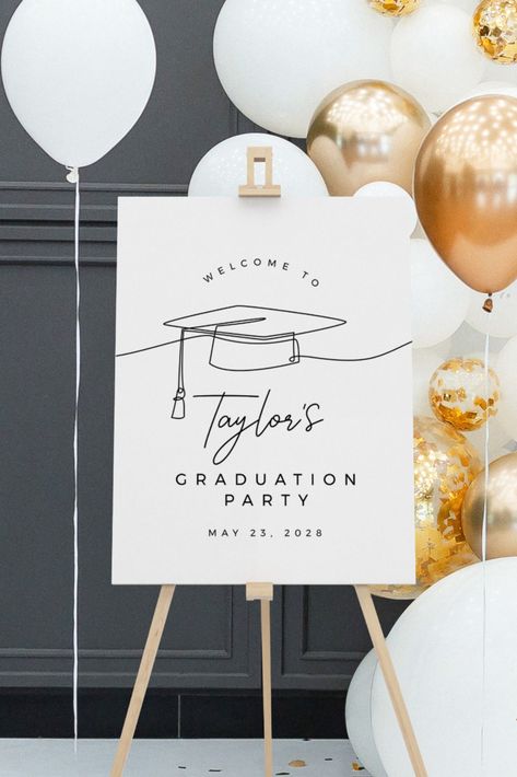 Minimalist Graduation Sign Minimalist Graduation Party, Graduation Party University, Graduation Party Welcome Sign, Grad Party Theme, Graduation Boards, Modern Graduation Party, College Grad Party, Graduation Party Signs, Backyard Graduation Party