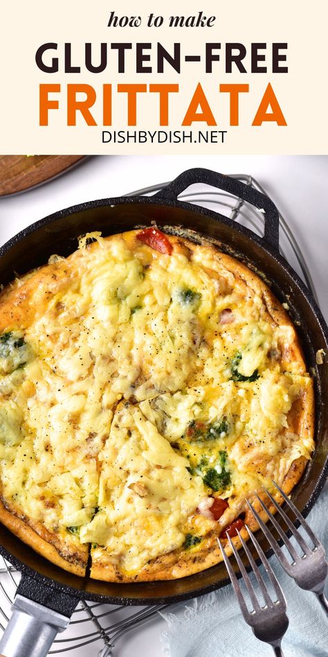 Filled with sautéed vegetables, this easy gluten-free frittata is tasty and filling, and makes a delicious main course. Cooked in one single skillet for ease and convenience. Totally dairy-free too! Gluten Free Frittata, Sauteed Vegetables, Main Course, Free Food, Gluten Free Recipes, Dairy Free, Gluten Free