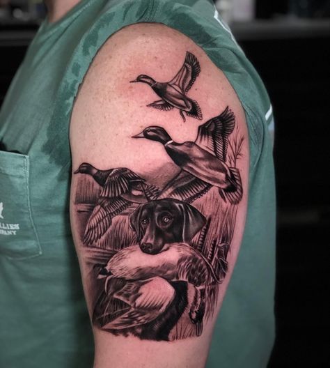 #ducktattoo #mantattoo Hunting Duck Tattoo, Men Tattoo Ideas Sleeve Hunting, Duck Sleeve Tattoo, Hunting Shoulder Tattoos For Guys, Lab Duck Hunting Tattoo, Duck Hunting Dog Tattoo, Hunting Dog Tattoos For Guys, Waterfowl Tattoo Sleeve, Duck Tattoos Realistic