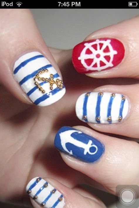 Cute summer nails Anchor Nails, Nautical Nails, Weak Nails, Gel Lacquer, I Love Nails, Nail Art Summer, Nail Stamping, Gel Manicure, Mani Pedi