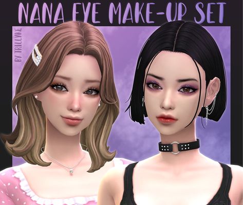 I am slowly getting familiar with creating make-up, and I chose my absolute favorite anime for the inspo, Nana! In every 2-3 years I have to rewatch the anime, because it is so goood, makes me very... Sims 4 Anime, Pelo Sims, The Sims 4 Packs, Sims 4 Cc Makeup, Sims 4 Cc Folder, Sims 4 Mm, Sims 4 Toddler, Sims4 Clothes, Sims Four